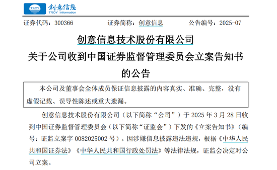 因涉嫌信息披露违法违规,创意信息被证监会立案调查 第1张 因涉嫌信息披露违法违规,创意信息被证监会立案调查 第1张