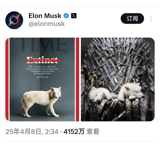 复活1万多年前“冰原狼”！马斯克发帖表关注  第1张