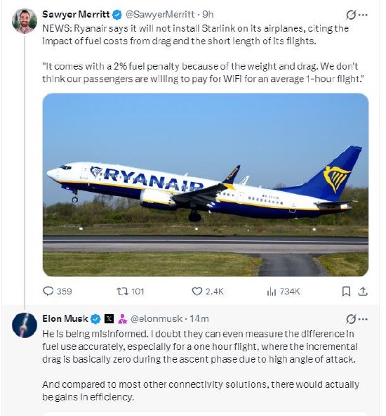 马斯克回应瑞安航空拒绝在其飞机上安装星链系统 第1张 马斯克回应瑞安航空拒绝在其飞机上安装星链系统 第1张