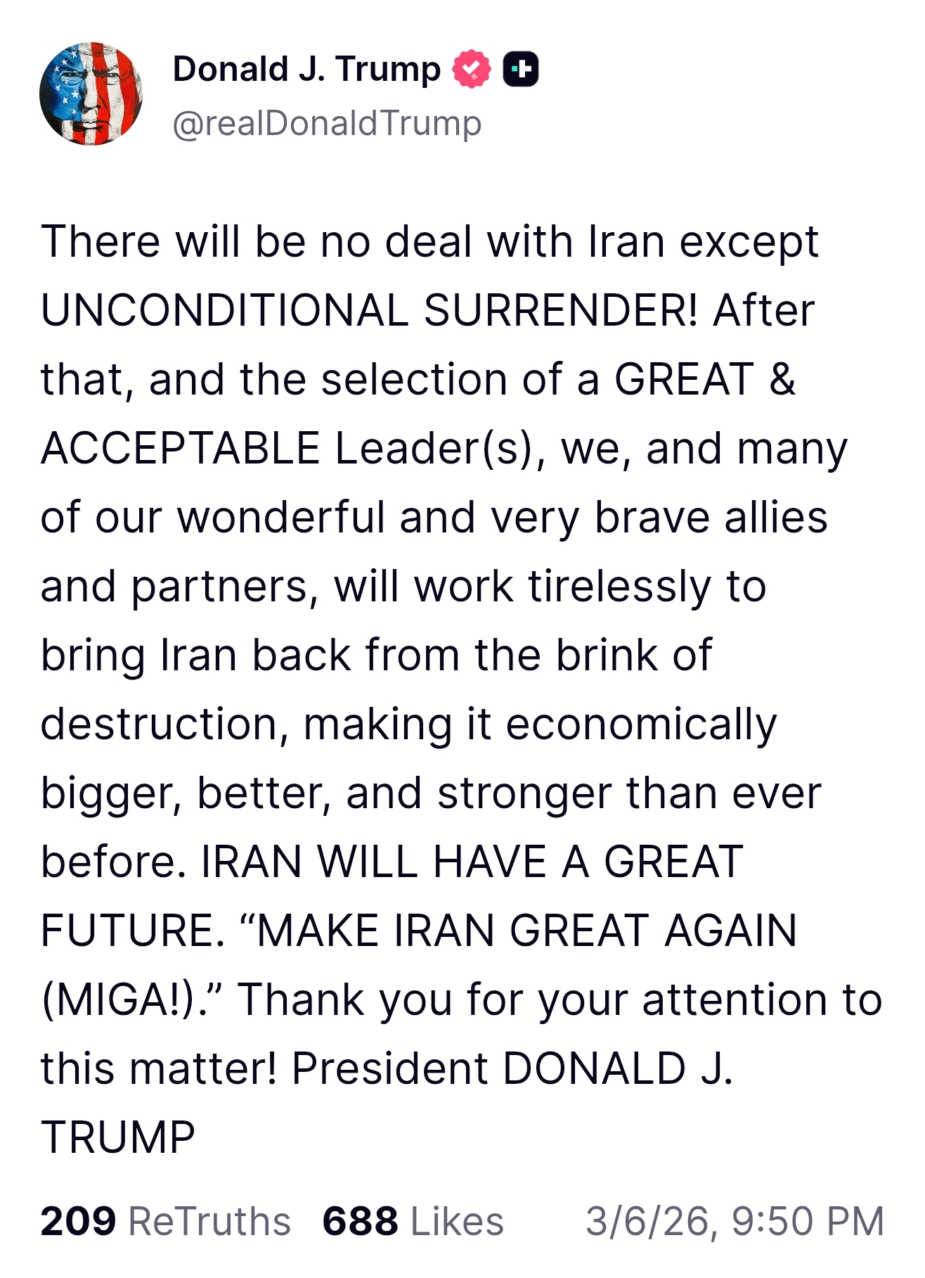 战事持续一周之际 特朗普要求伊朗“无条件投降”  第1张