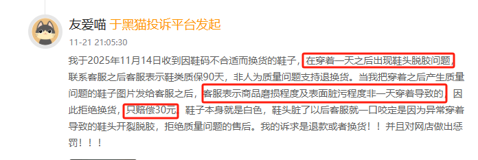 黑猫投诉发布2025年度服饰领域红黑榜榜单:New Balance鞋子穿一天脱胶 第2张 黑猫投诉发布2025年度服饰领域红黑榜榜单:New Balance鞋子穿一天脱胶 第2张